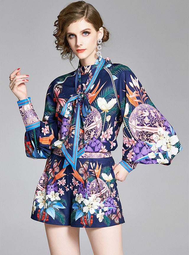 CM-SF032316 Women Retro European Style Puff Sleeve Floral Short Suits - Set