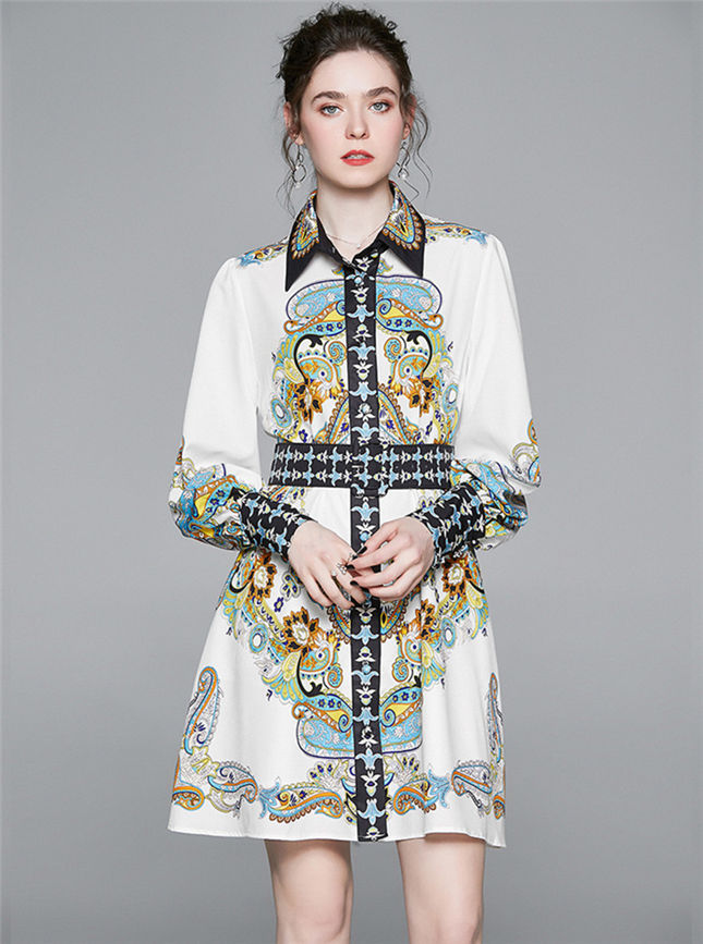 CM-DF032505 Women Charming Retro European Style Shirt Collar Floral Print Long Sleeve Dress
