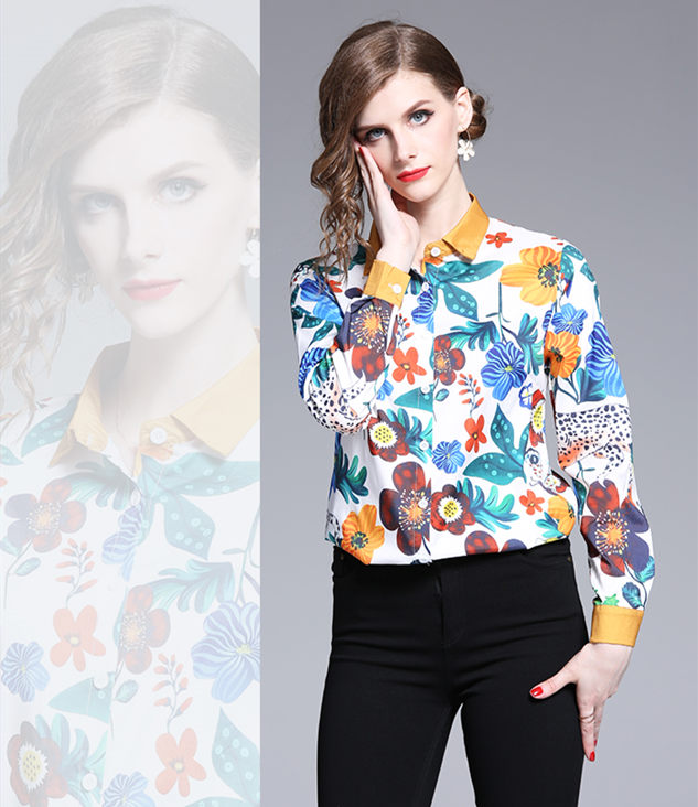 CM-TF040308 Women Charming European Style Floral Printings Long Sleeve Blouse