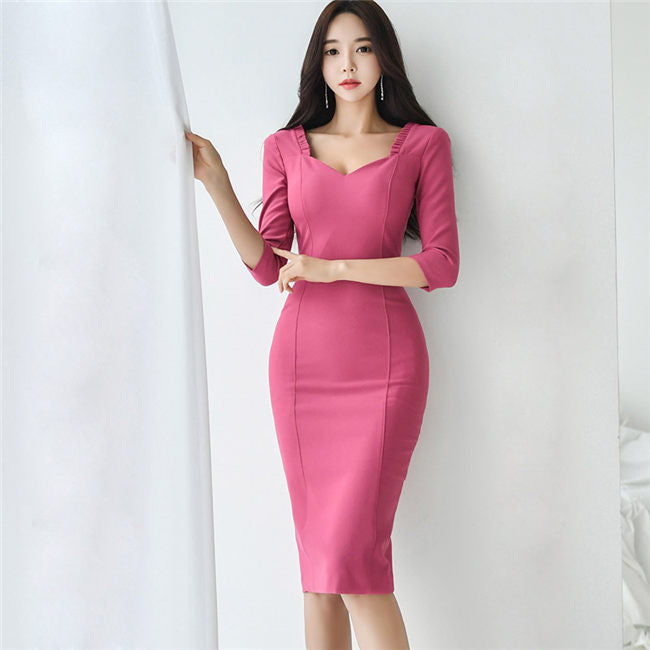 CM-DF040516 Women Charming Seoul Style Pleated Square Collar Bodycon Dress - Pink