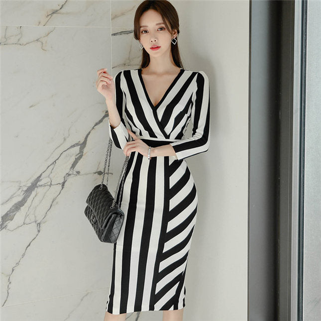 CM-DF040518 Women Elegant Seoul Style V-Neck Long Sleeve Stripes Bodycon Dress