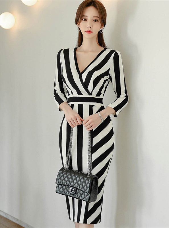 CM-DF040518 Women Elegant Seoul Style V-Neck Long Sleeve Stripes Bodycon Dress