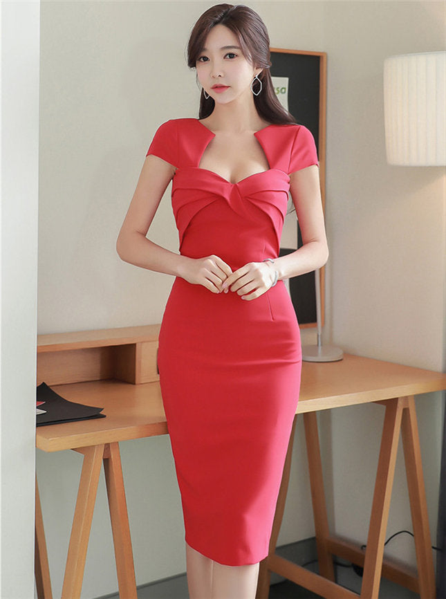 CM-DF040704 Women Casual Seoul Style Short Sleeve Pleated Bust High Waist Slim Dress - Red