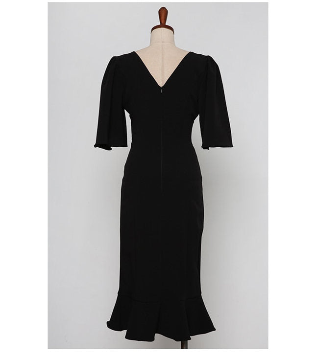 CM-DF040708 Women Elegant Seoul Style V-Neck Flare Sleeve Fishtail Slim Midi Dress - Black