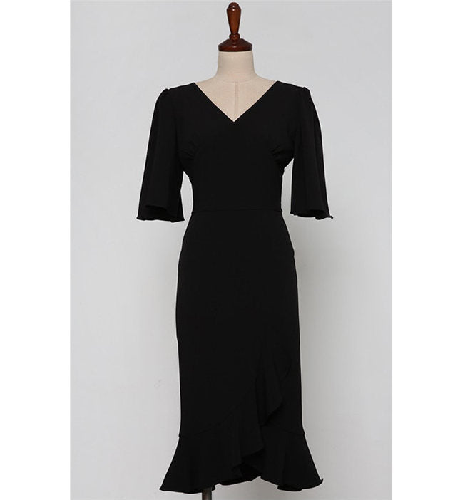 CM-DF040708 Women Elegant Seoul Style V-Neck Flare Sleeve Fishtail Slim Midi Dress - Black