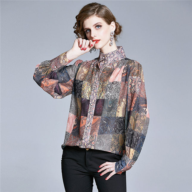 CM-TF040714 Women Retro European Style Floral Print Stand Collar Loosen Blouse