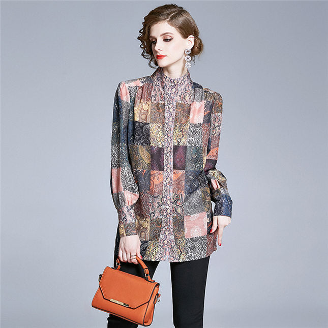 CM-TF040714 Women Retro European Style Floral Print Stand Collar Loosen Blouse