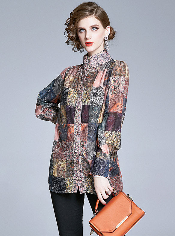 CM-TF040714 Women Retro European Style Floral Print Stand Collar Loosen Blouse