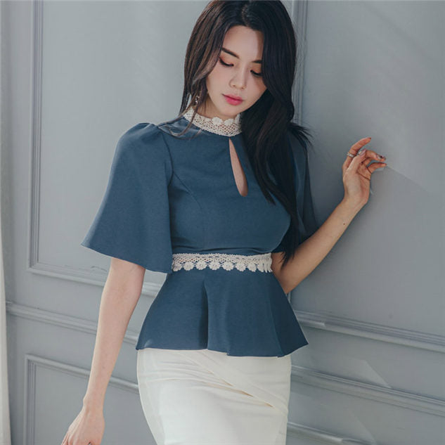 CM-TF041602 Women Casual Seoul Style Lace Splicing Flare Sleeve Flouncing Blouse - Blue