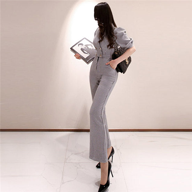 CM-JF042813 Women Elegant Seoul Style Double-Breasted High Waist Houndstooth Long Jumpsuit