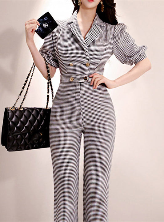 CM-JF042813 Women Elegant Seoul Style Double-Breasted High Waist Houndstooth Long Jumpsuit