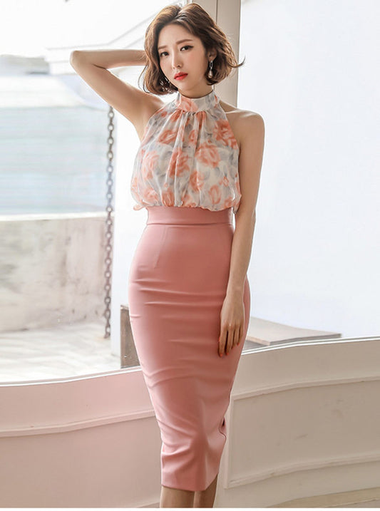 CM-SF051202 Women Elegant Seoul Style Floral Print Blouse With High Waist Midi Skirt - Set