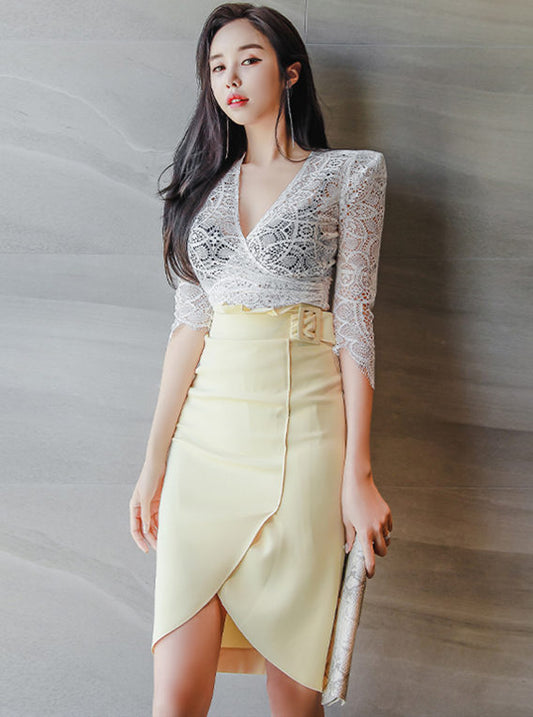 CM-SF051405 Women Elegant Seoul Style V-Neck Lace Blouse With Split Midi Skirt - Set