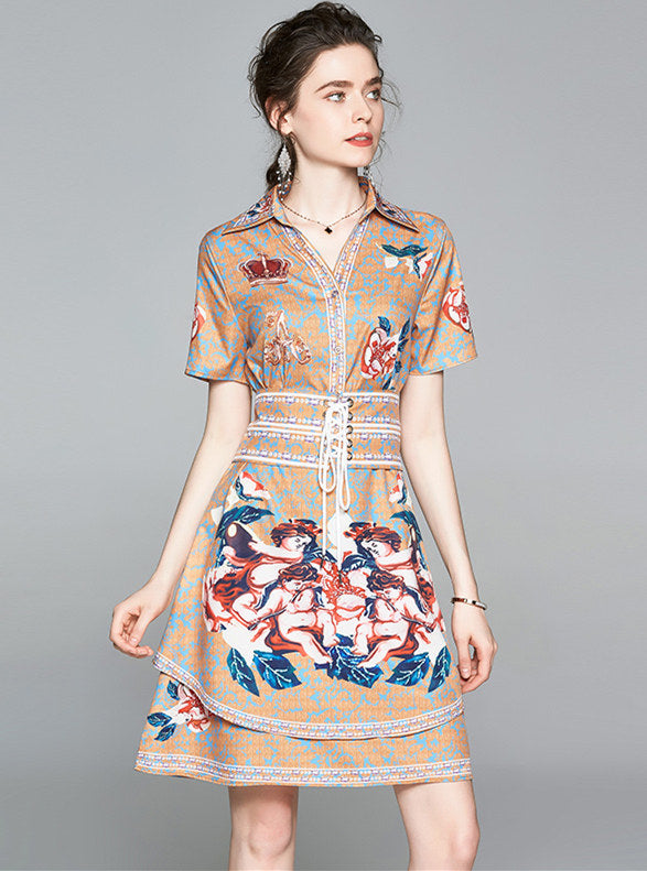 CM-DF051417 Women Retro European Style Short Sleeve Tie Waist Floral Shirt A-Line Dress