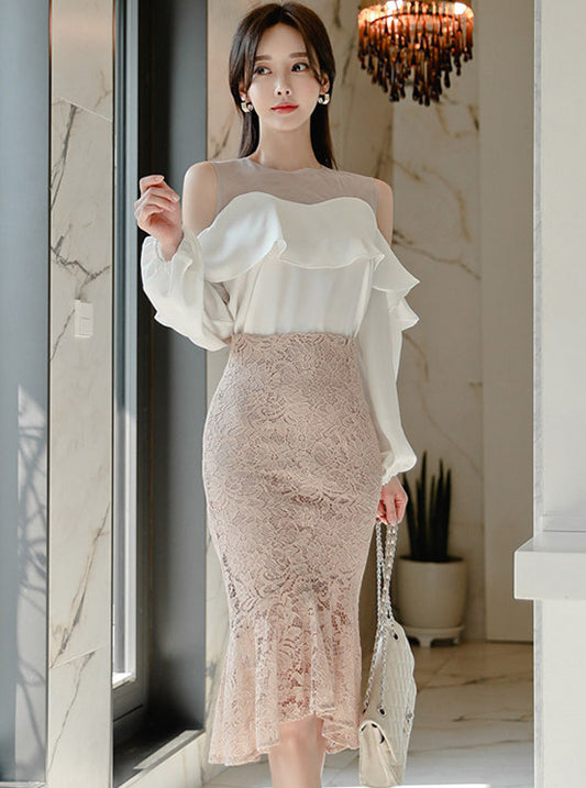 CM-SF051612 Women Elegant Seoul Style Off Shoulder Flouncing Blouse with Lace Fishtail Skirt - Set