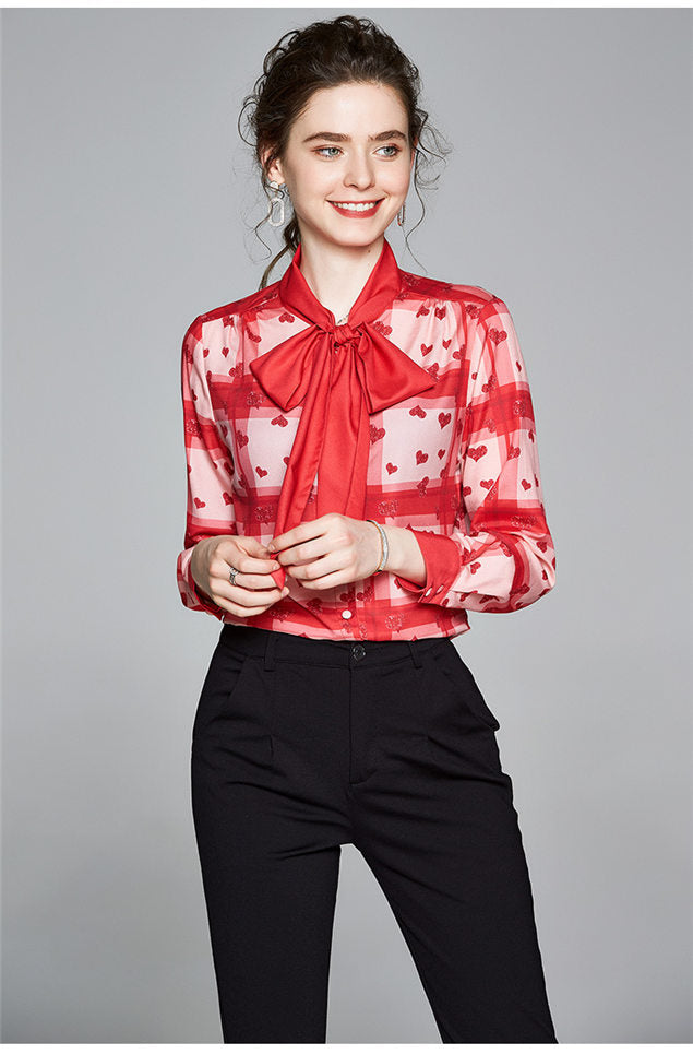 CM-TF051705 Women Lovely European Style Tie Collar Hearts Plaids Loosen Blouse - Red