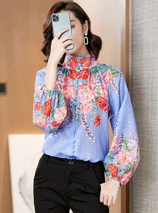 CM-TF051804 Women Casual European Style Floral Print Stand Collar Loosen Blouse - Blue