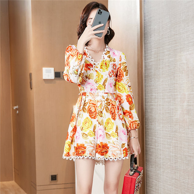 CM-JF051806 Women Retro Seoul Style Short Sleeve Lace V-Neck Floral Print Wide-Leg Romper