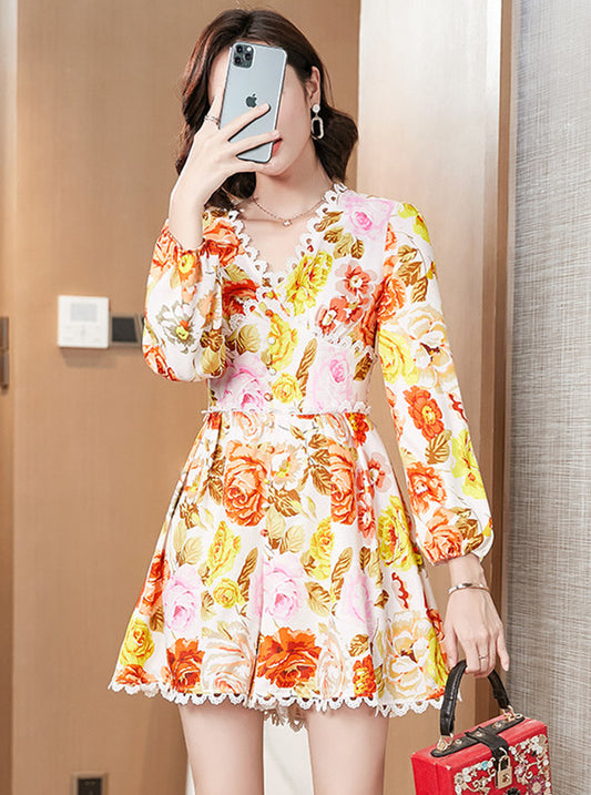 CM-JF051806 Women Retro Seoul Style Short Sleeve Lace V-Neck Floral Print Wide-Leg Romper