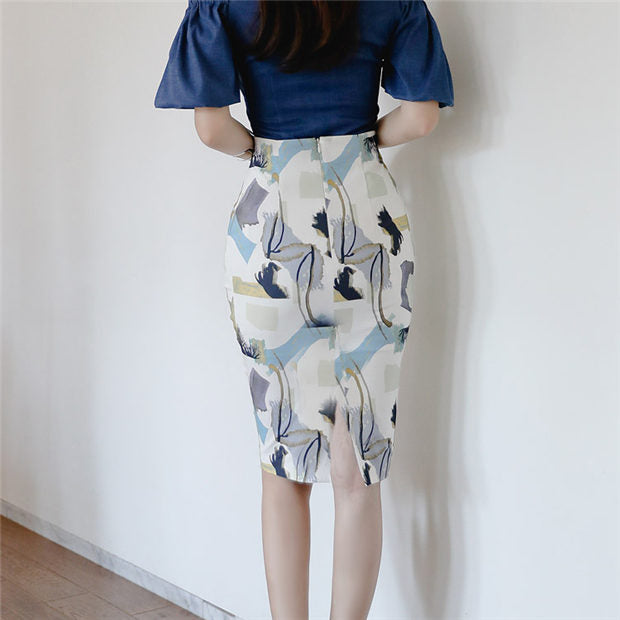 CM-SF052103 Women Elegant Seoul Style Zipper Boat Neck Blouse With Printings Midi Skirt - Set