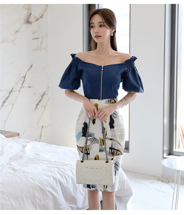 CM-SF052103 Women Elegant Seoul Style Zipper Boat Neck Blouse With Printings Midi Skirt - Set