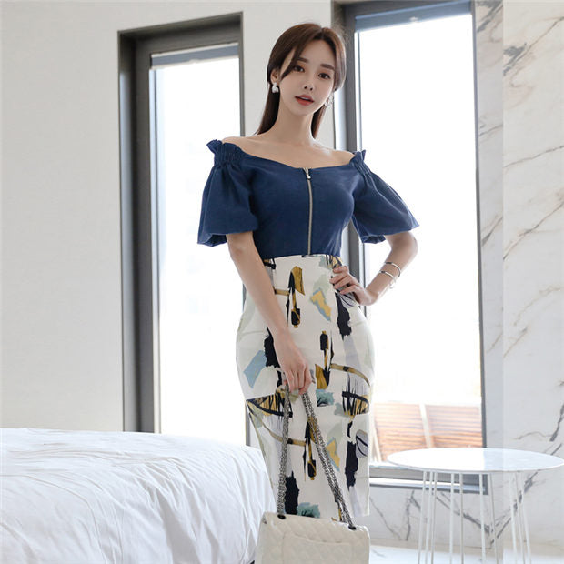 CM-SF052103 Women Elegant Seoul Style Zipper Boat Neck Blouse With Printings Midi Skirt - Set