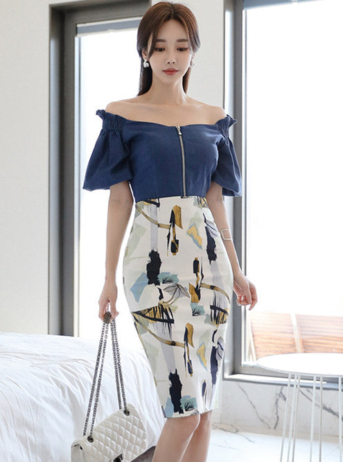 CM-SF052103 Women Elegant Seoul Style Zipper Boat Neck Blouse With Printings Midi Skirt - Set