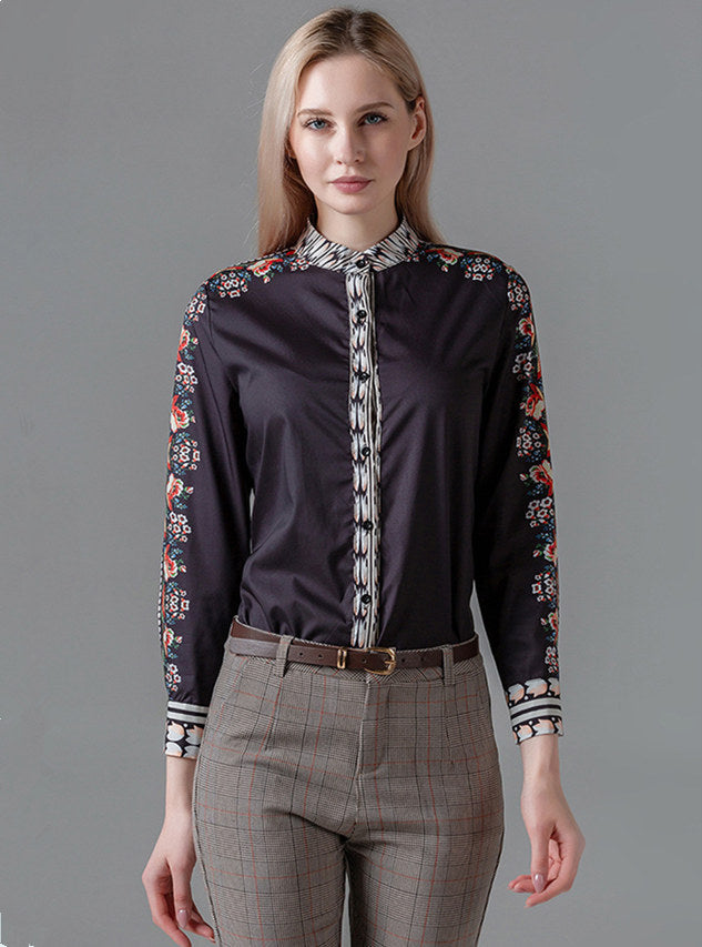 CM-TF052302 Women Casual European Style Floral Print Long Sleeve Blouse - Black