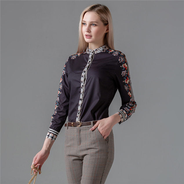 CM-TF052302 Women Casual European Style Floral Print Long Sleeve Blouse - Black