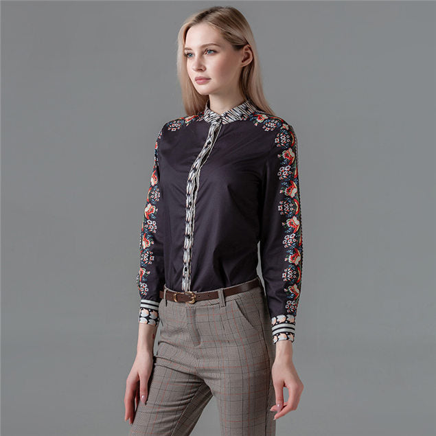 CM-TF052302 Women Casual European Style Floral Print Long Sleeve Blouse - Black