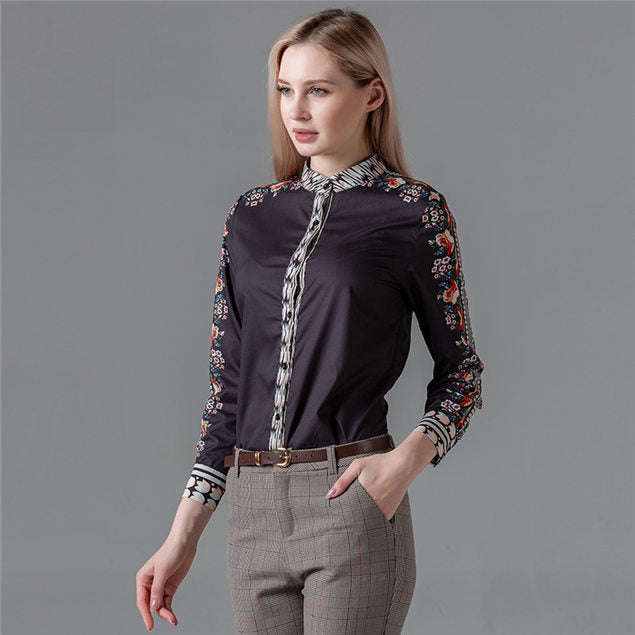 CM-TF052302 Women Casual European Style Floral Print Long Sleeve Blouse - Black