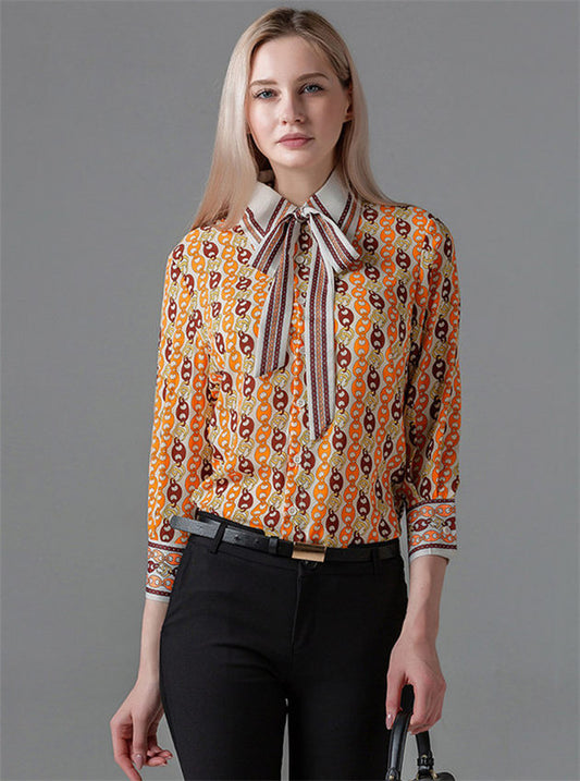 CM-TF052303 Women Retro European Style Chain Printings Tie Collar Loosen Blouse - Yellow