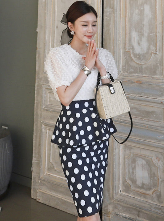 CM-SF052608 Women Elegant Seoul Style Petals Puff Sleeve Blouse With Dots Flouncing Skirt - Set