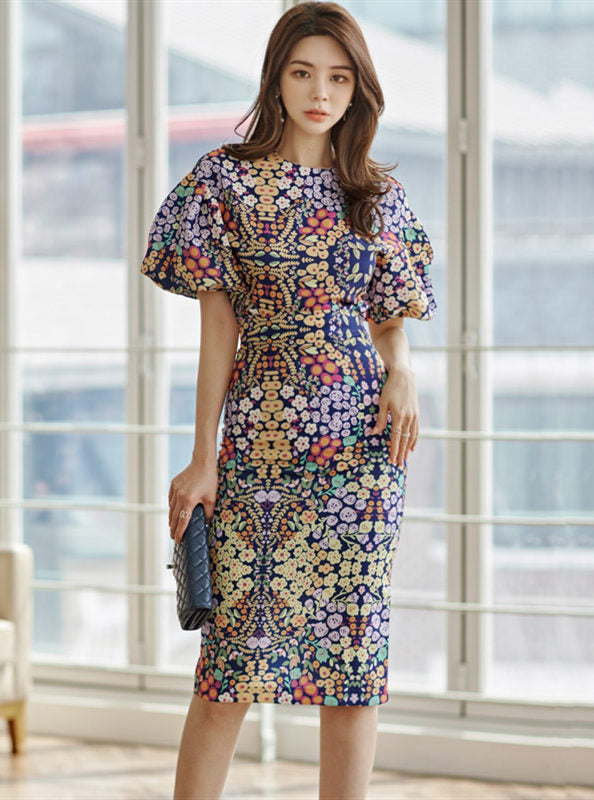 CM-SF060106 Women Casual Seoul Style Puff Sleeve Blouse With High Waist Floral Print Skirt - Set