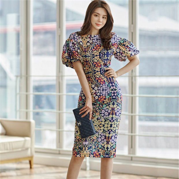 CM-SF060106 Women Casual Seoul Style Puff Sleeve Blouse With High Waist Floral Print Skirt - Set