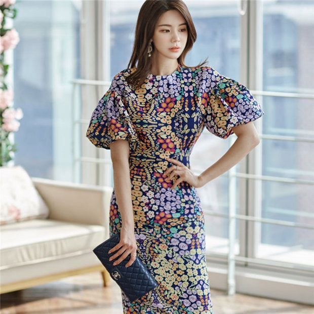 CM-SF060106 Women Casual Seoul Style Puff Sleeve Blouse With High Waist Floral Print Skirt - Set