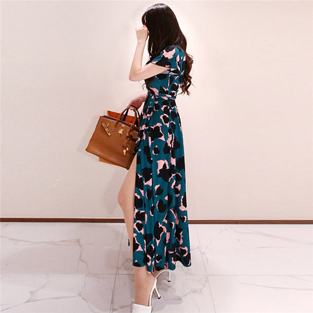 CM-DF060110 Women Trendy Bohemian Style Tie Waist V-Neck Split Maxi Dress