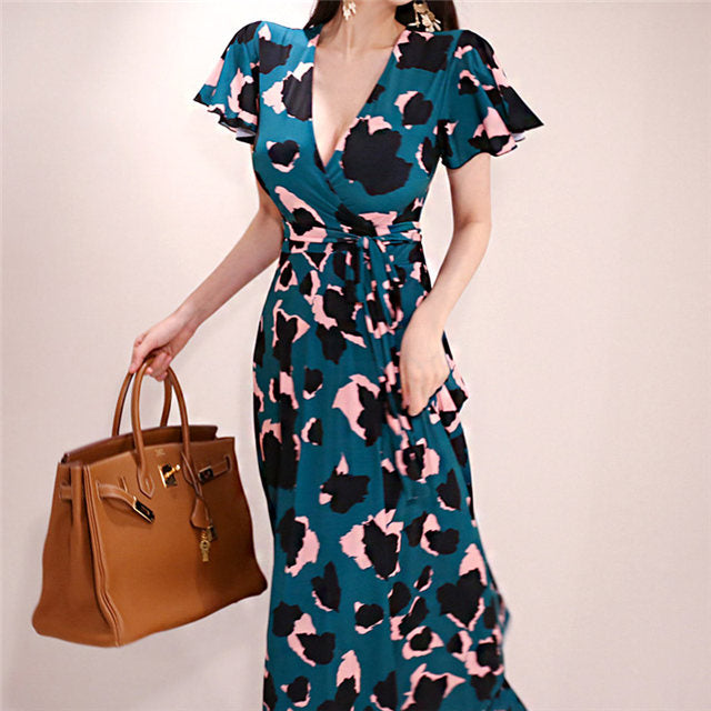 CM-DF060110 Women Trendy Bohemian Style Tie Waist V-Neck Split Maxi Dress