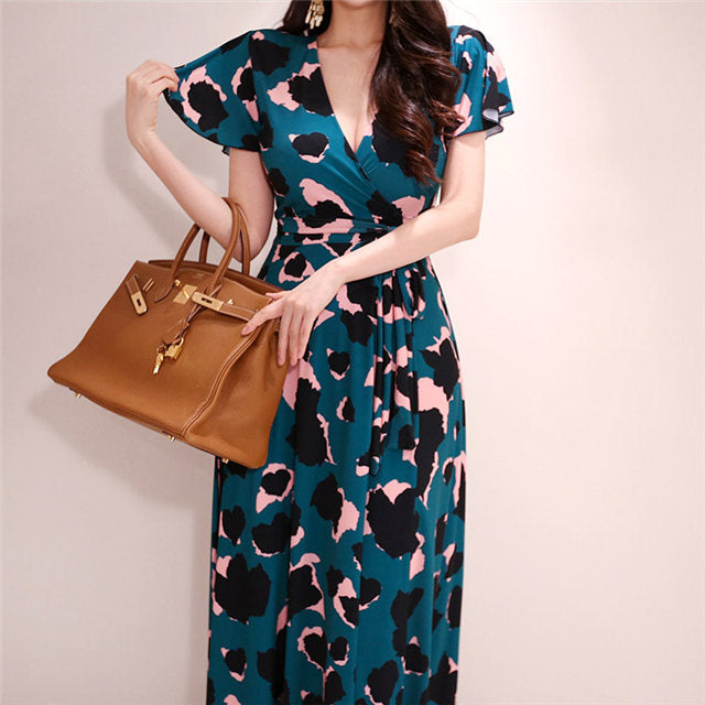 CM-DF060110 Women Trendy Bohemian Style Tie Waist V-Neck Split Maxi Dress