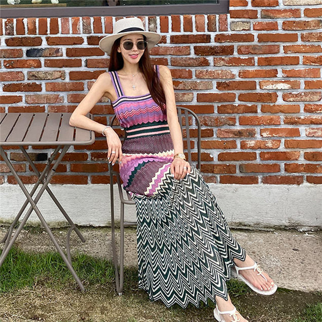 CM-DF060102 Women Trendy Bohemian Style Stripes Knitting Straps Long Dress