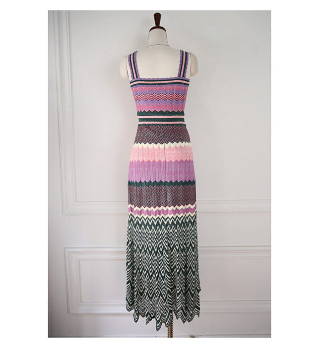 CM-DF060102 Women Trendy Bohemian Style Stripes Knitting Straps Long Dress