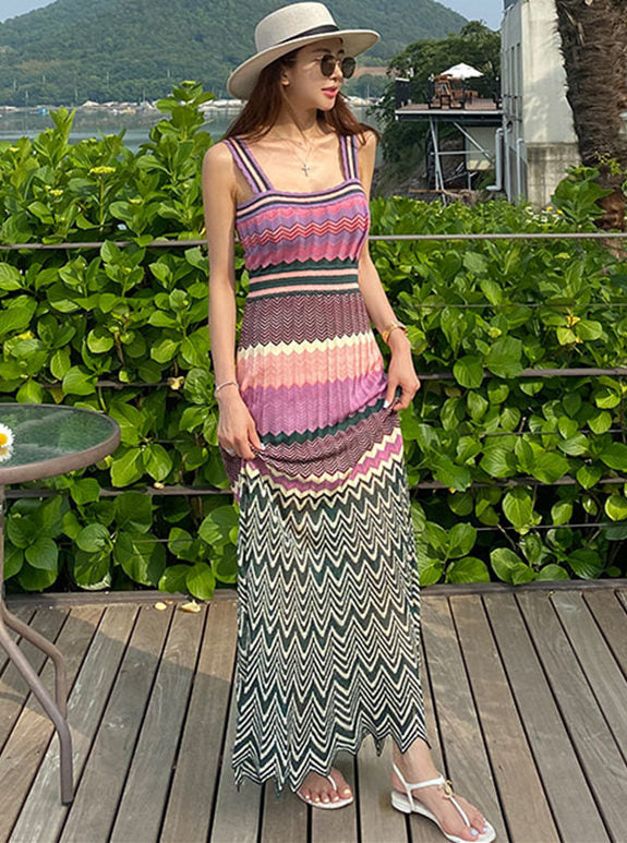 CM-DF060102 Women Trendy Bohemian Style Stripes Knitting Straps Long Dress