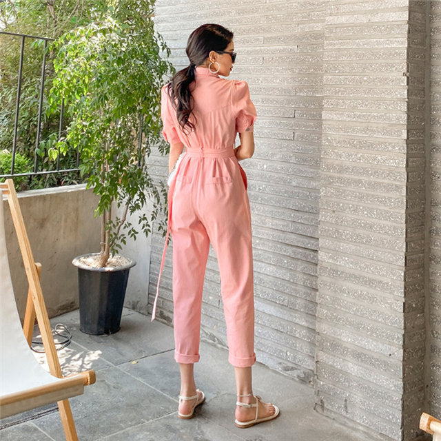CM-JF060203 Women Casual Seoul Style Single-Breasted Shirt Collar Long Jumpsuit - Pink
