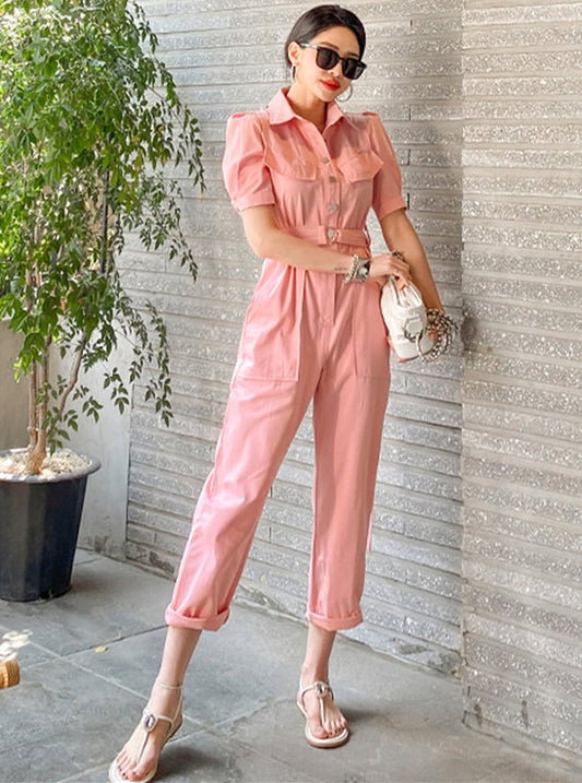 CM-JF060203 Women Casual Seoul Style Single-Breasted Shirt Collar Long Jumpsuit - Pink