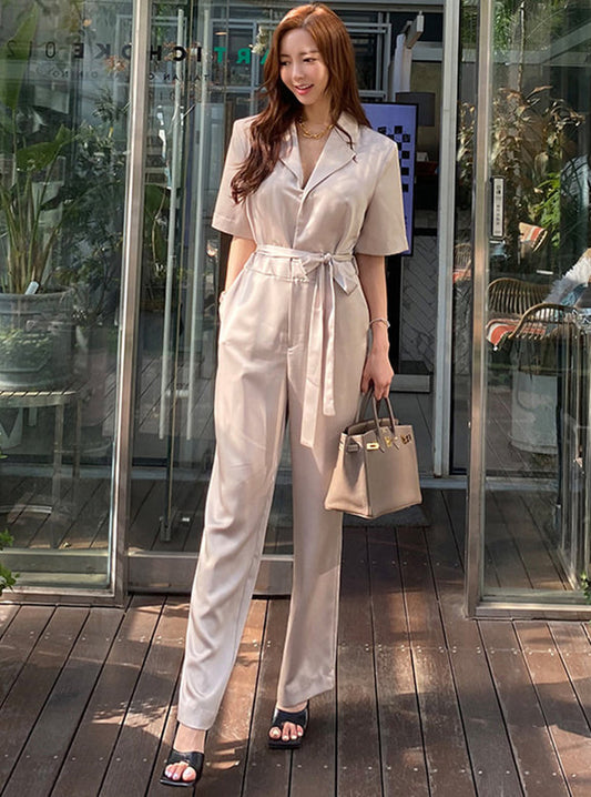 CM-JF060206 Women Casual Seoul Style Short Sleeve Tie Waist V-Neck Long Jumpsuit (Available in 2 colors)