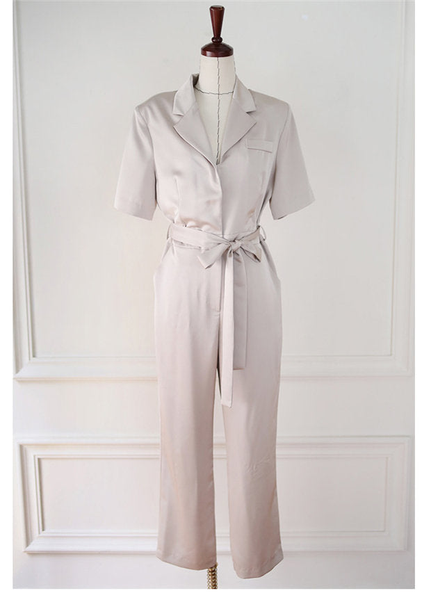 CM-JF060206 Women Casual Seoul Style Short Sleeve Tie Waist V-Neck Long Jumpsuit (Available in 2 colors)