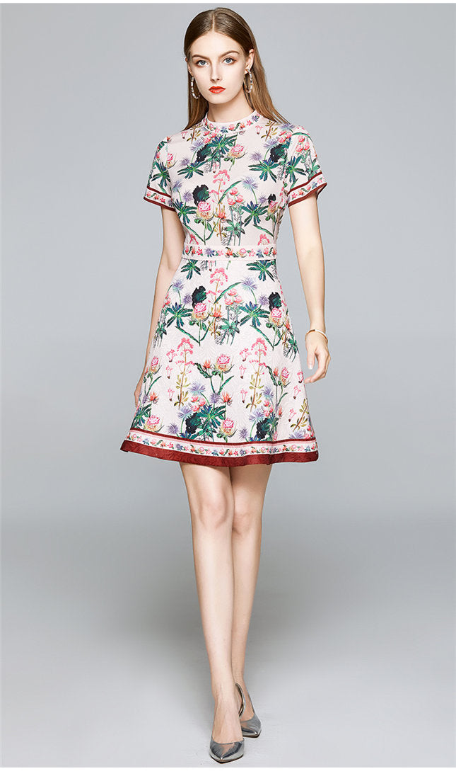 CM-DF061104 Women Retro Charming European Style Floral Short Sleeve A-Line Dress