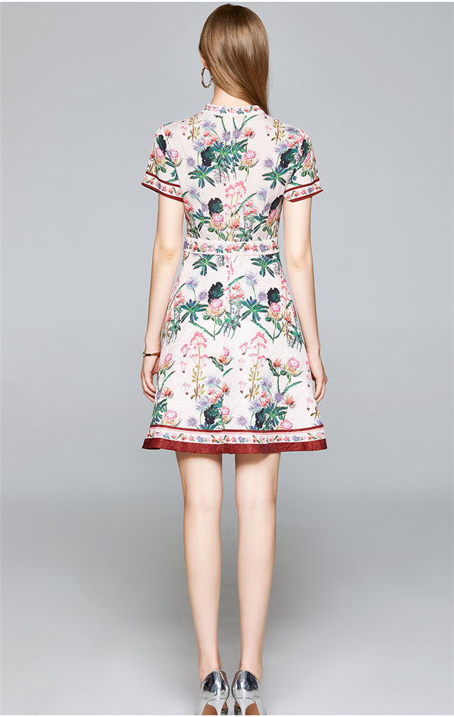 CM-DF061104 Women Retro Charming European Style Floral Short Sleeve A-Line Dress