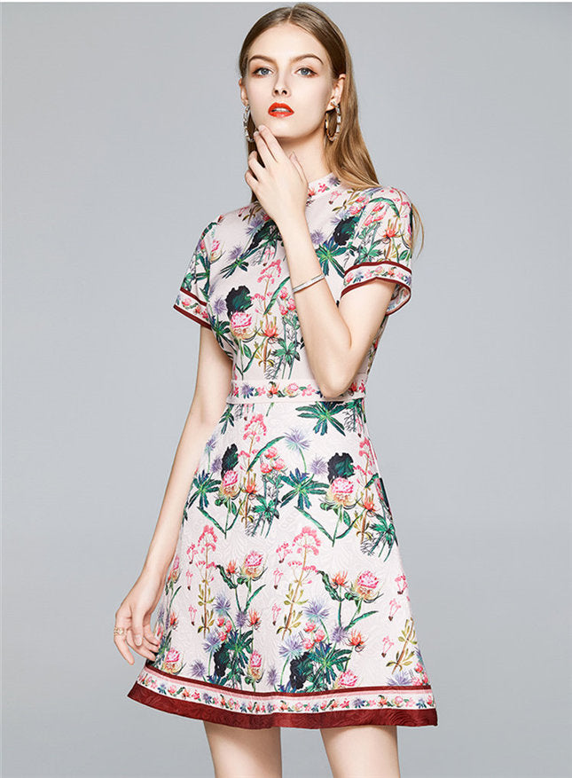 CM-DF061104 Women Retro Charming European Style Floral Short Sleeve A-Line Dress