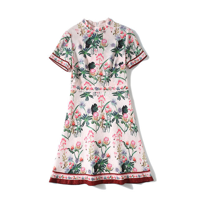 CM-DF061104 Women Retro Charming European Style Floral Short Sleeve A-Line Dress